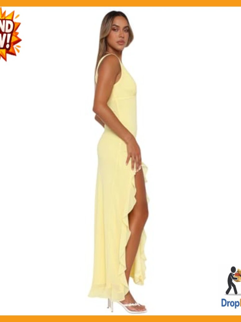 Sexy V Neck Mesh Maxi Dress Ruffle Hem High Slit Bodycon Cocktail Party - Picture 5 of 7